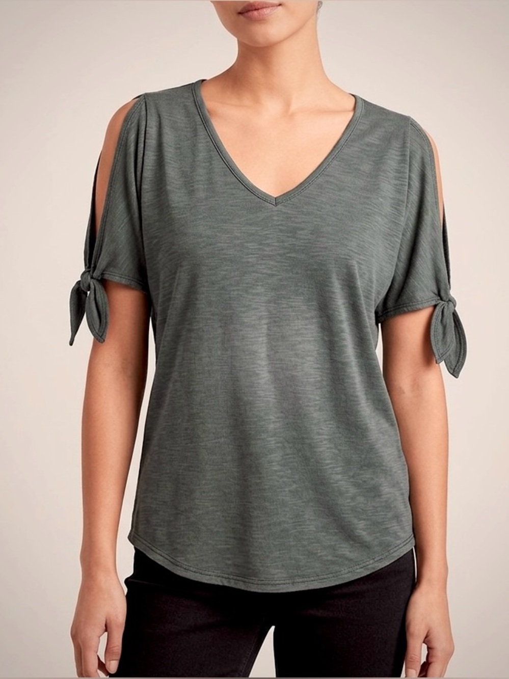 Green Envelope Cold Shoulder V-Neck Tie Sleeve Knit Top - Muted Teal - XS